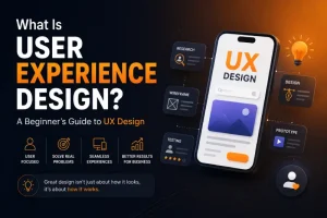 Illustration explaining what user experience design is with UX design process, wireframing, prototyping, research, testing, and user-centered design.
