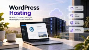 WordPress hosting guide showing website performance, security, backups, and scalability