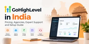 GoHighLevel in India banner featuring a laptop dashboard with CRM analytics, marketing automation, pricing, agency support, and setup services.